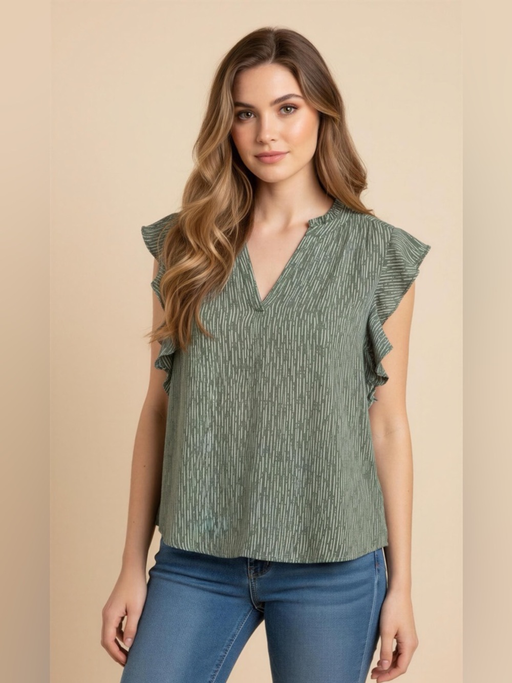 Liz Claiborne Green Patterned Blouse with Ruffle Sleeves Size M Petite NWT
